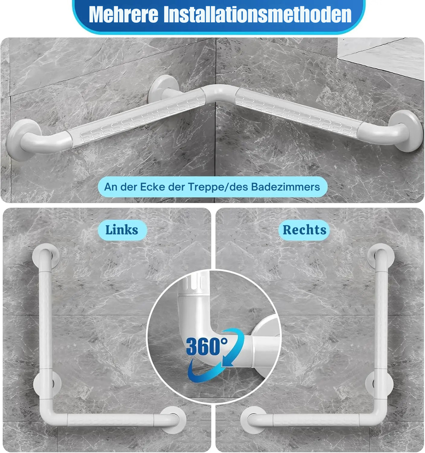 Weisse Haltegriffe an grauer Wand mit flexibler Eckmontage und drehbarem Gelenk