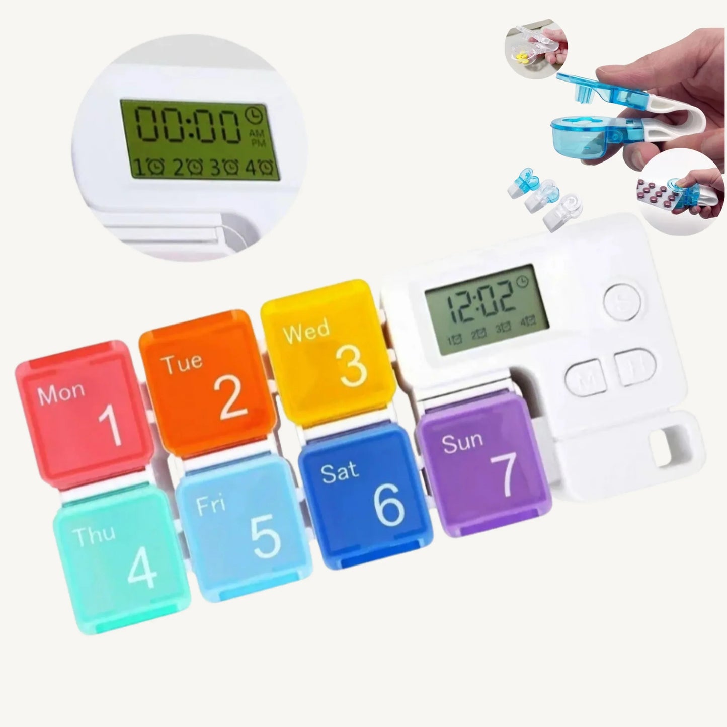 2-in-1 Pillenbox-Set – 7-Tage-Wochenbox mit bunten Fächern und Crusher, Zentroo